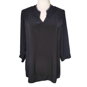 Chico's Blouse Womens Size 0 Black Layered Frayed Neckline Long Sleeve Tunic